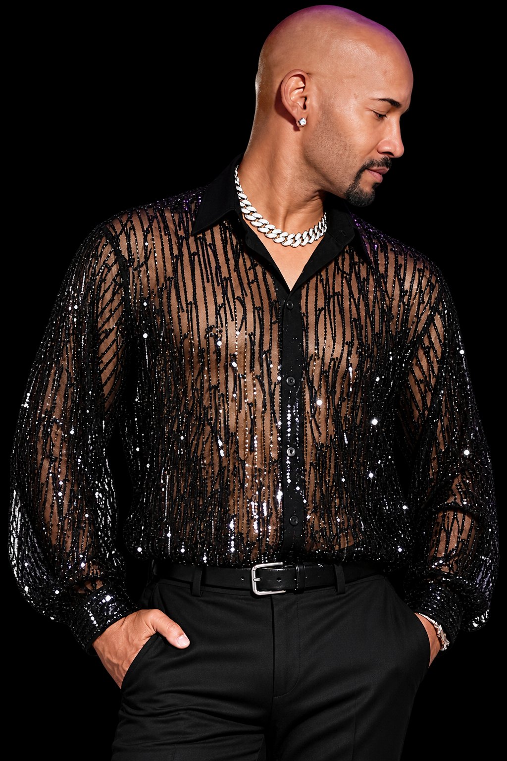 Antonio Edwards in a sequined shirt