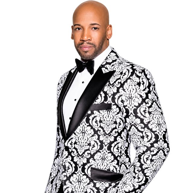 Antonio Edwards in a damask tuxedo jacket