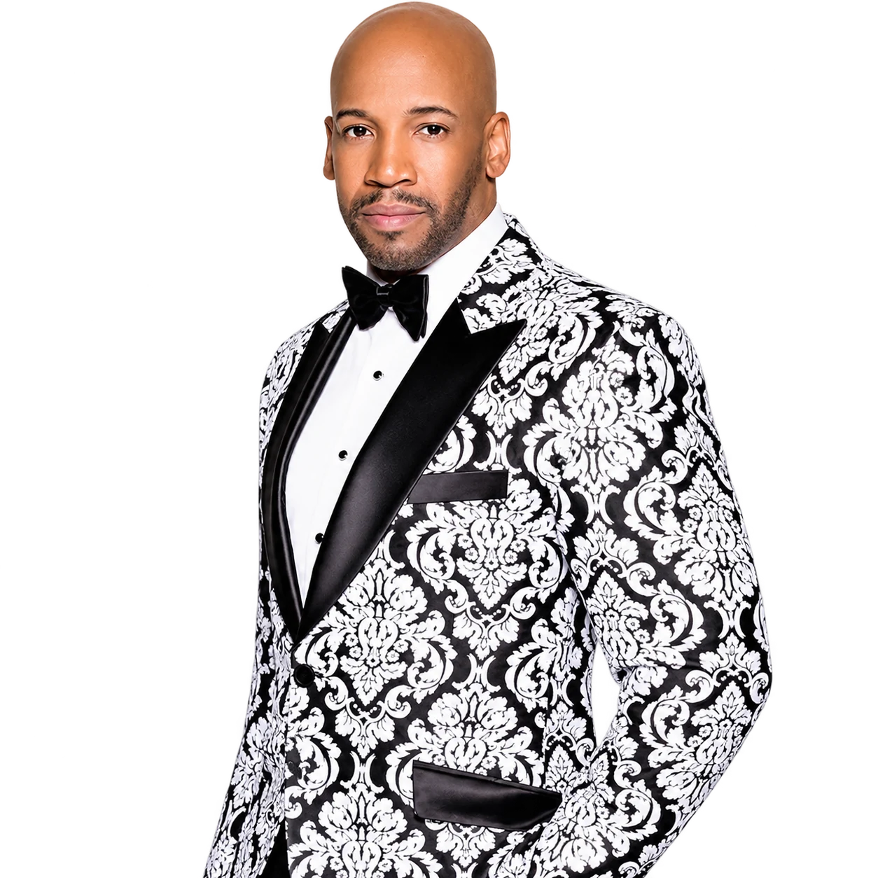 Antonio Edwards in a damask tuxedo jacket